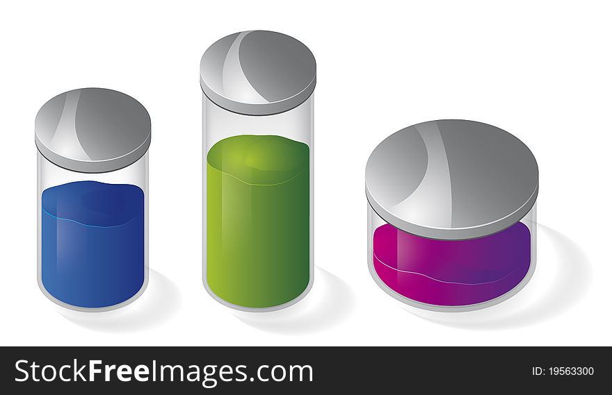 Three jars at different sizes and colored liquids. Three jars at different sizes and colored liquids