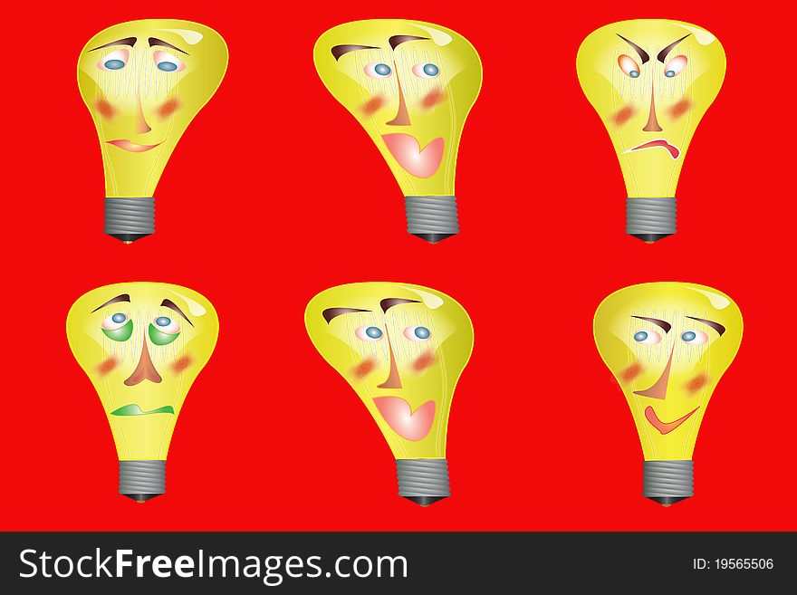 A group of light bulbs with face illustrations. A group of light bulbs with face illustrations