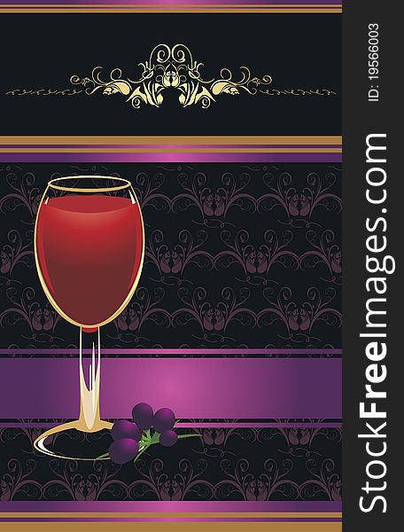 Glass of red wine with a vine on the decorative background. Wrapping. Illustration. Glass of red wine with a vine on the decorative background. Wrapping. Illustration