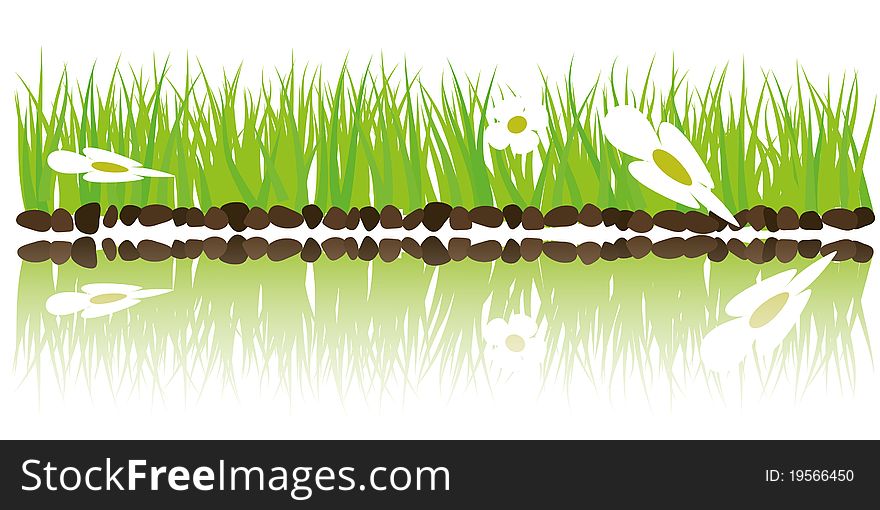 Border from green grass with stones