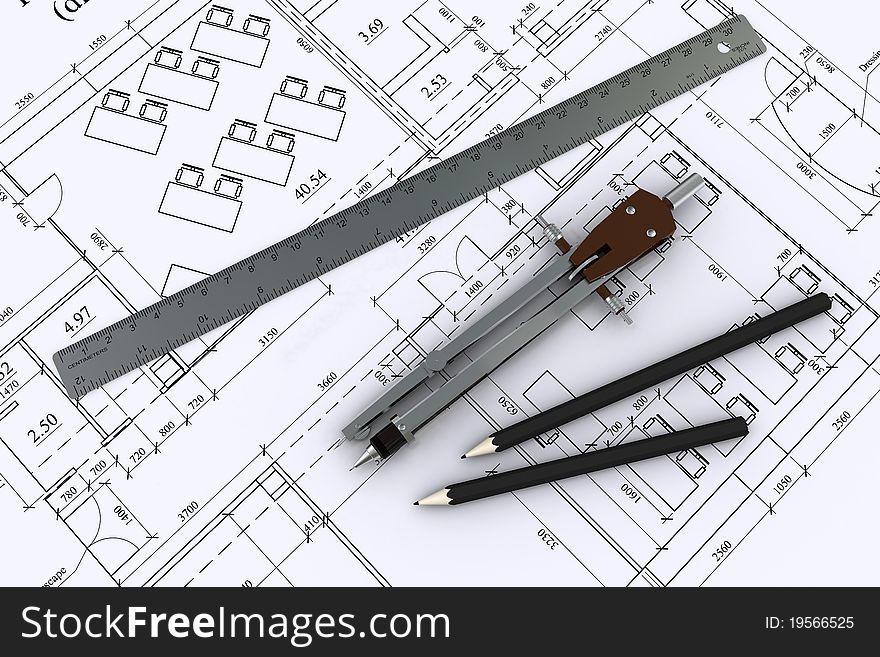 Compass, ruler and pencil on architectural drawings