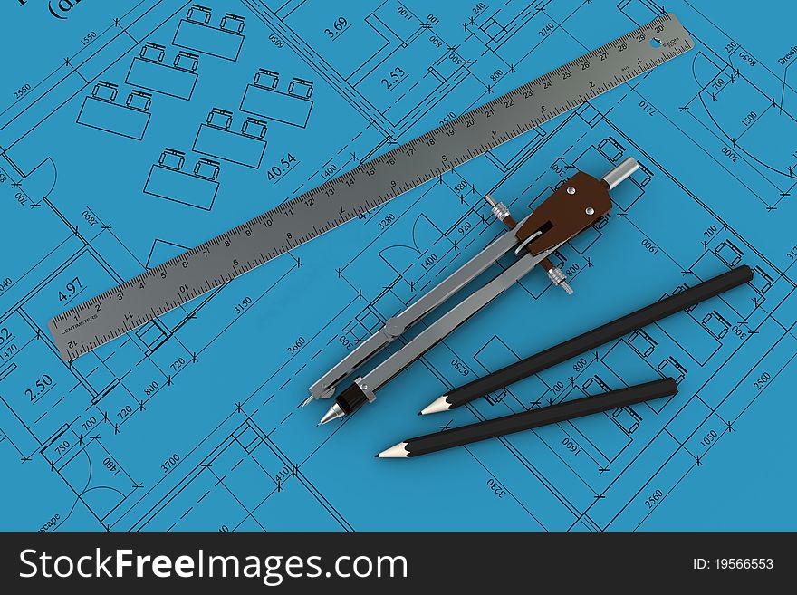 Compass, Ruler And Pencil On Architectural Drawing