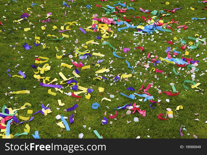 Wedding Confetti Scattered On Grass