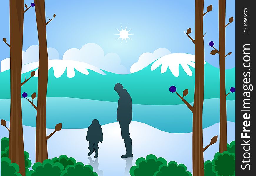 Silhouette of man and boy in snow with snow capped mountains and river, framed with tall trees