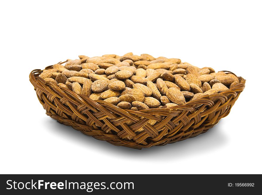 Almonds in pottle. Isolated