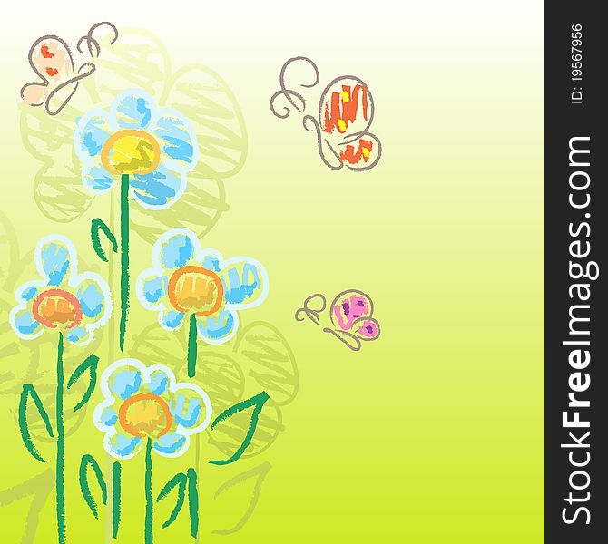 Green background with draw flowers and butterflies. Green background with draw flowers and butterflies