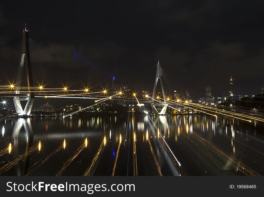 Light of Anzac bridge at night time. Sydney, Australia. Light of Anzac bridge at night time. Sydney, Australia