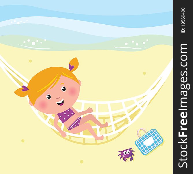 Cute girl relaxing on the beach -  Illustration. Cute girl relaxing on the beach -  Illustration.