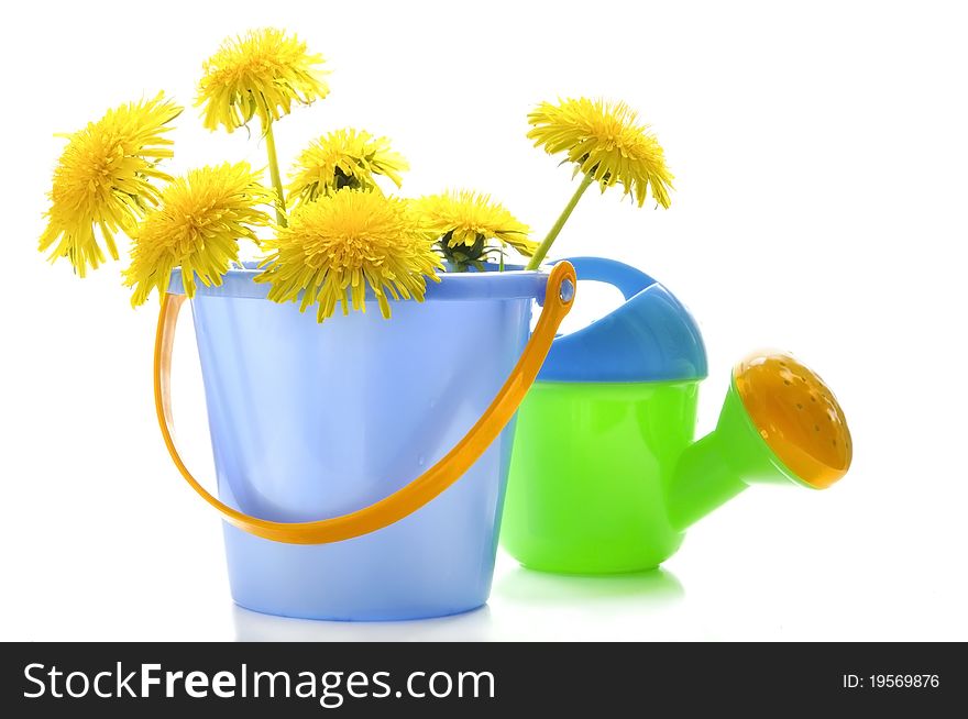 Dandelions and children's toys on the white isolated background