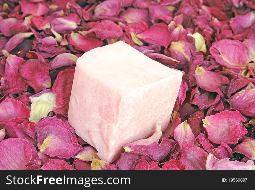 Handmade natural soap on dried petels rose