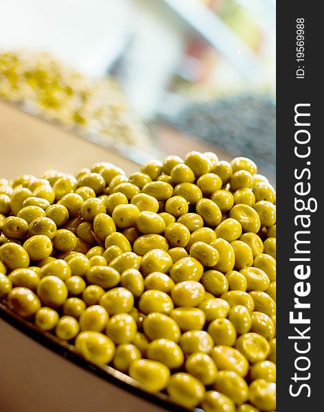Closeup of selection of green olives