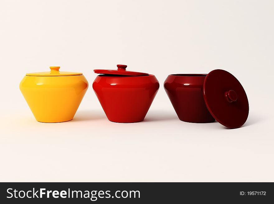 3d colored jars on white background