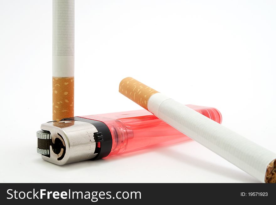 Cigarettes with red lighter on white background
