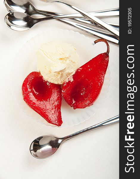 Poached Pears with Ice Cream