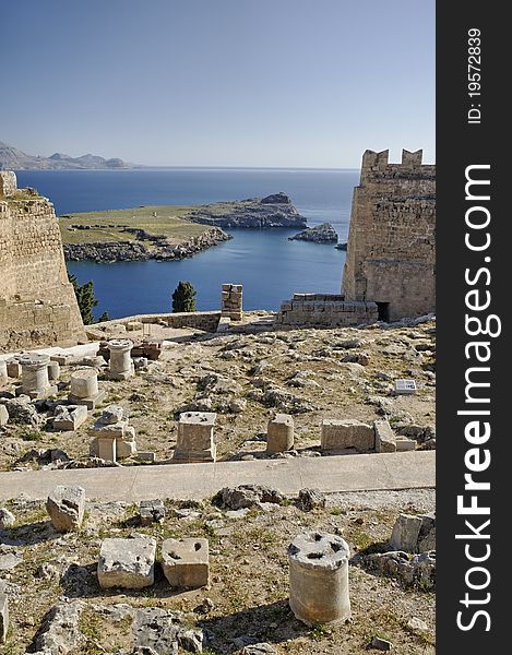 Ruin of Lindos acropolis in Greek