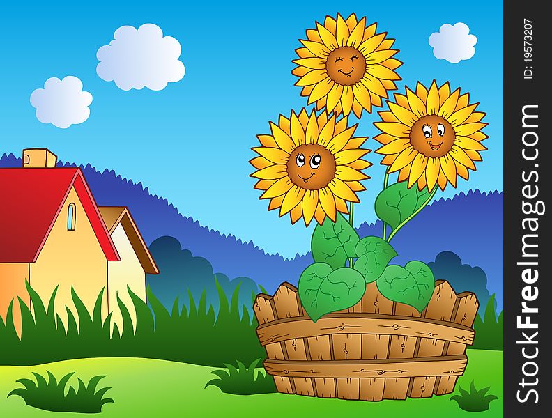 Meadow with three cute sunflowers - illustration.