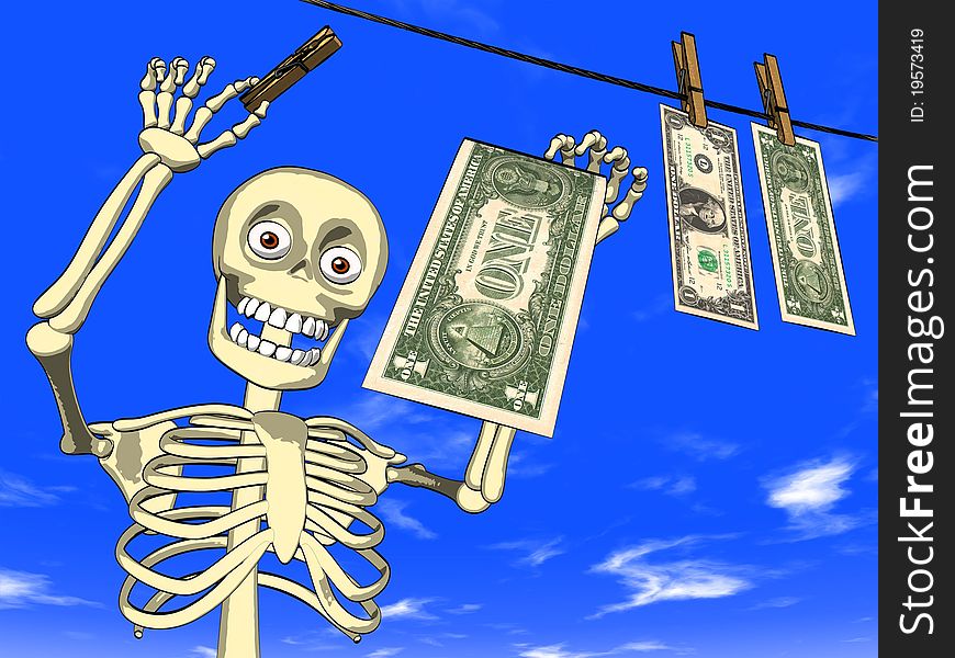 Money Laundering - Cartoon Of Skeleton With Dollar