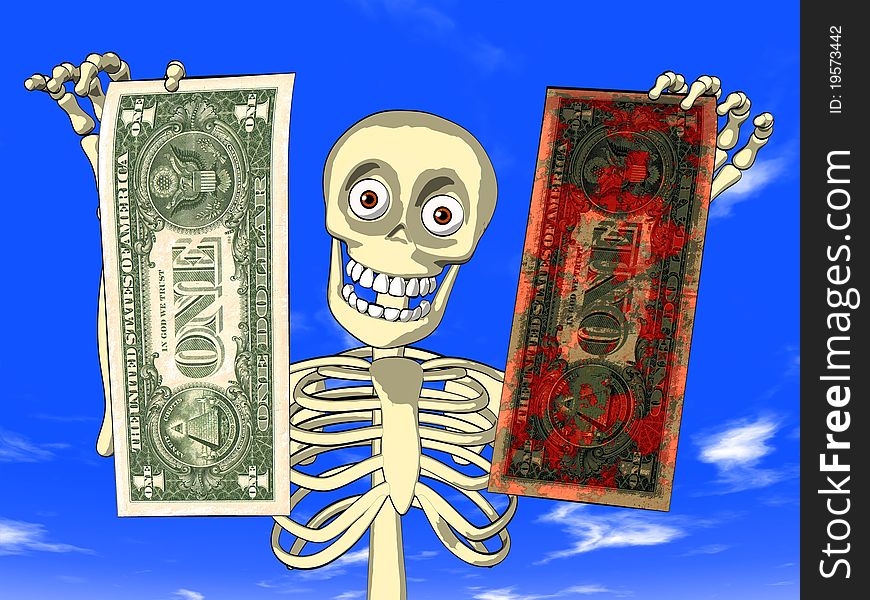 Illustration - cartoon of body skeleton with dollar bills. Theme of money laundering, mafia, gangs, corruption, bribery . Illustration - cartoon of body skeleton with dollar bills. Theme of money laundering, mafia, gangs, corruption, bribery ...