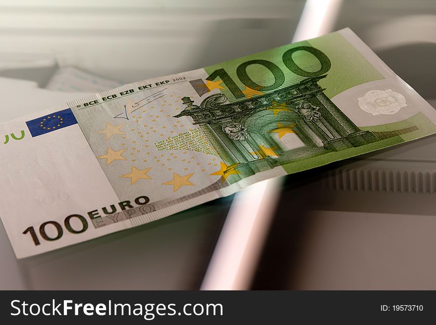 Hundred euro bill on copying machine. Hundred euro bill on copying machine