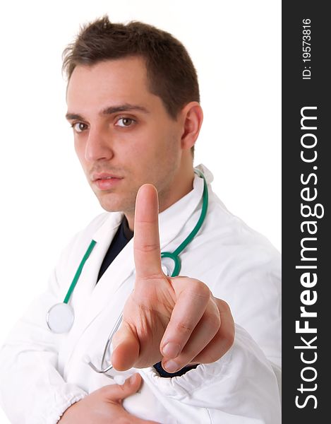 Male doctor with finger pointing at viewer. Male doctor with finger pointing at viewer