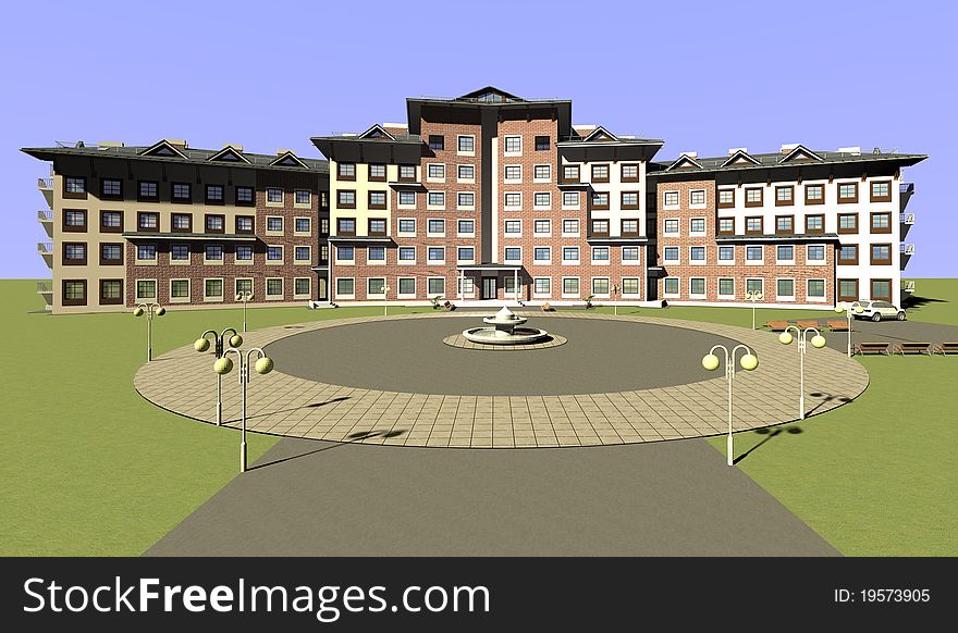 Render the hotel group, with an entry and parking. Render the hotel group, with an entry and parking