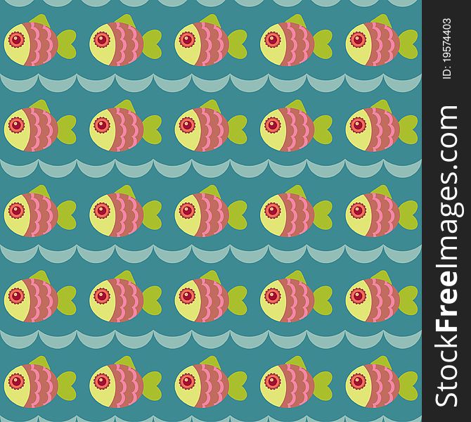 Seamless wallpaper with wave and cute fish