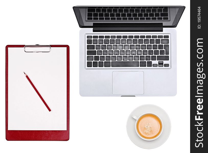 Blank Clipboard With Pencil, Laptop And Cup