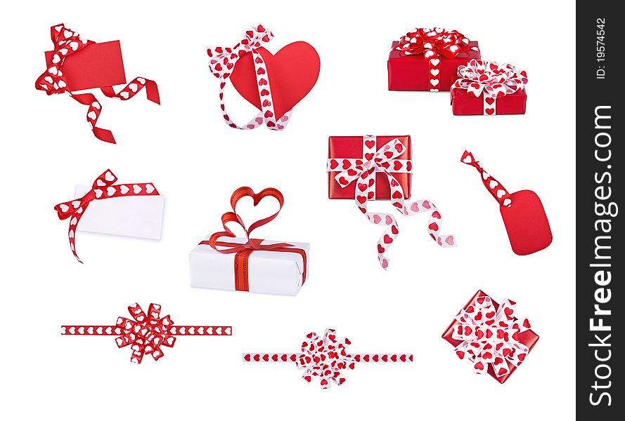 Set Of Gifts, Bows And Cards With Hearts