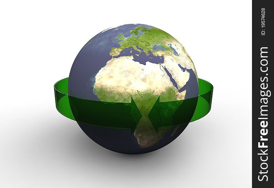 3d illustration of our planet earth with green arrows ans circles which are the preserve. 3d illustration of our planet earth with green arrows ans circles which are the preserve