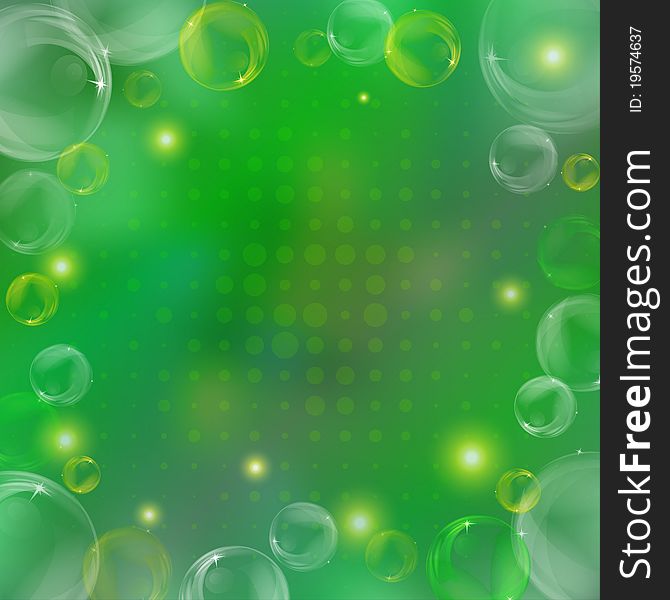 Abstract background, transparent bubbles and stars on the green. Abstract background, transparent bubbles and stars on the green