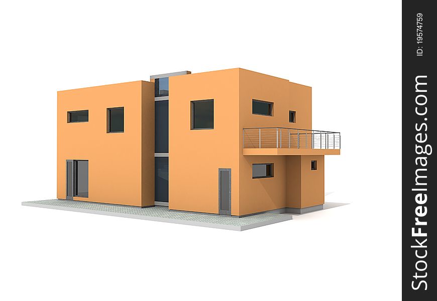 Modern private orange house exterior isolated over white 3d. Modern private orange house exterior isolated over white 3d