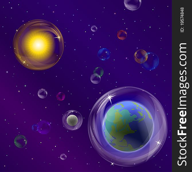 Abstract background, space: planet mother Earth, moon, sun and stars in transparent bubbles. Abstract background, space: planet mother Earth, moon, sun and stars in transparent bubbles