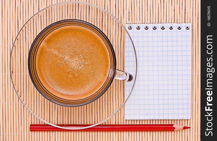 Coffee, red pen and empty place for your text