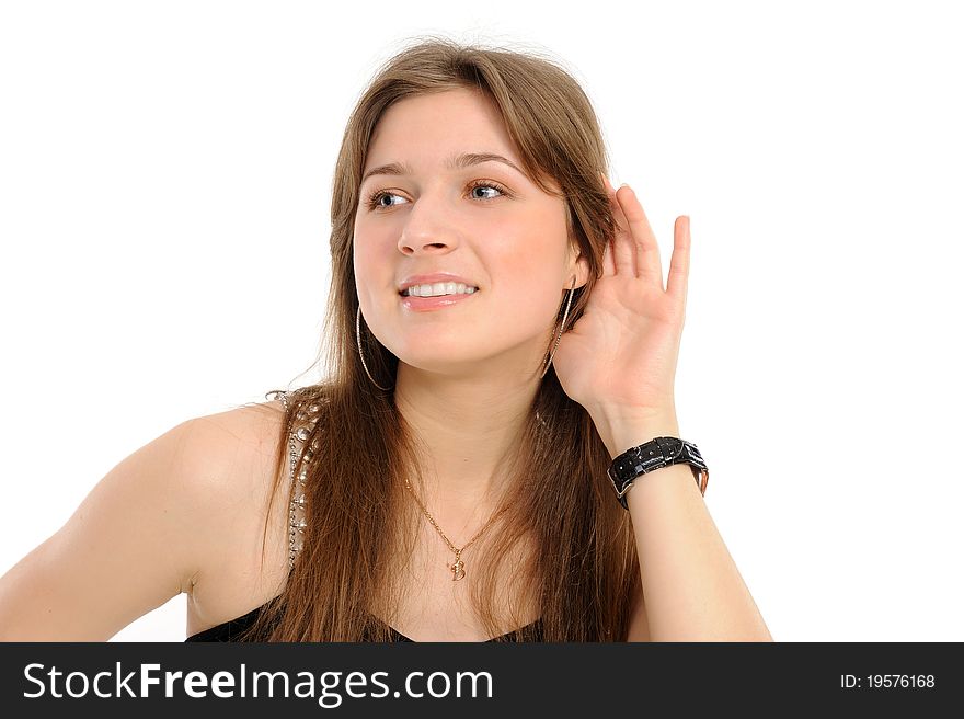 Young woman listening gossip isolated on white background