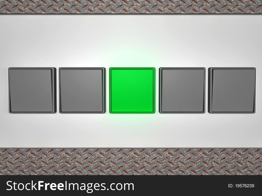 A green light switch with four gray light switches and metal background