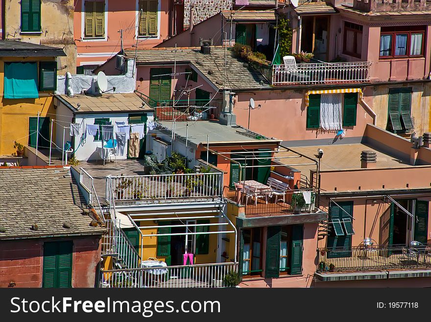 Houses with balconies in Vernazza, Cinque Terre, Italy. Houses with balconies in Vernazza, Cinque Terre, Italy