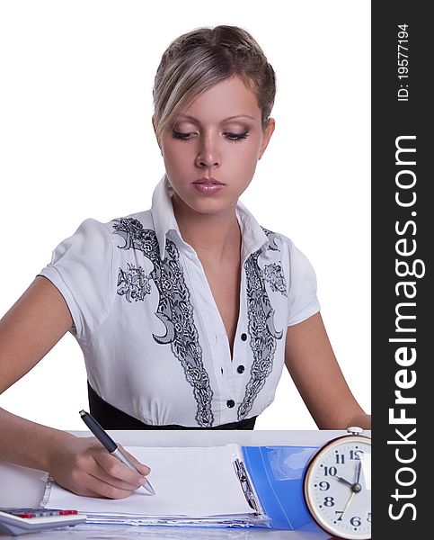 Businesswoman sitting with documents and fills