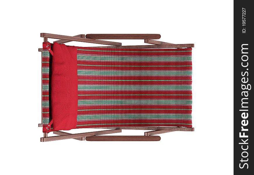 Striped comfortable wooden chaise lounge with red pillow on white background