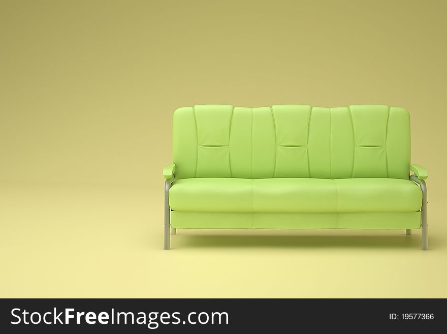 Green sofa in the yellow room with soft lighting