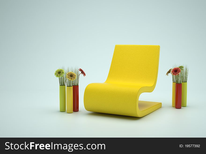 Yellow leather chair and flowers
