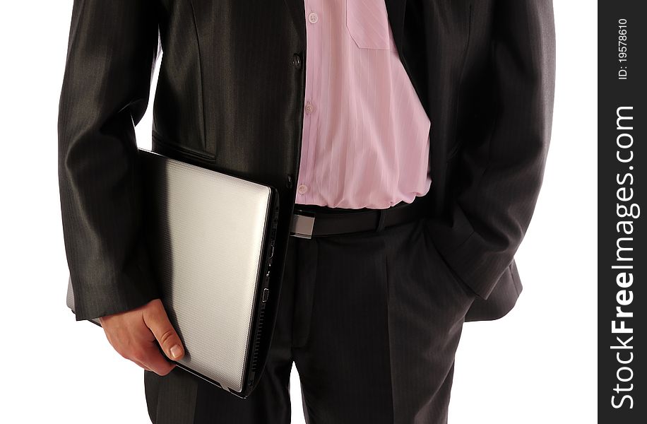 Front view of businessman body part with silver notebook isolated on white background. Front view of businessman body part with silver notebook isolated on white background