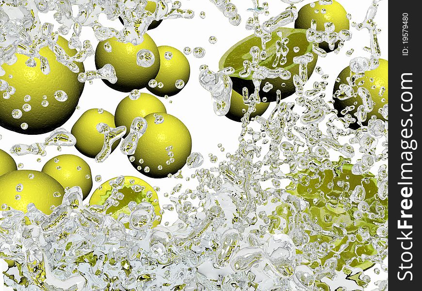 3D rendered oranges in water splashes in white background