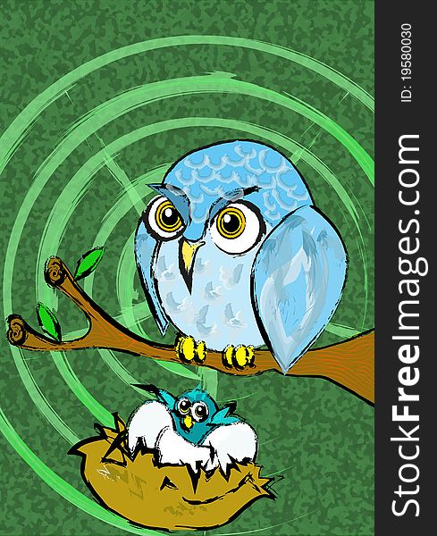 Illustration of owl with nest