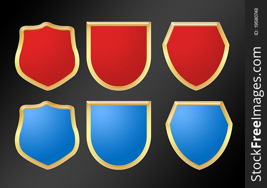 Red and blue symbols with gold edge over black background