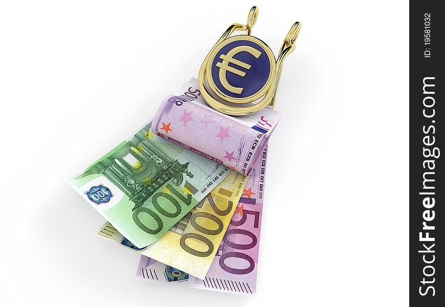 Euro banknotes in money clip on white background