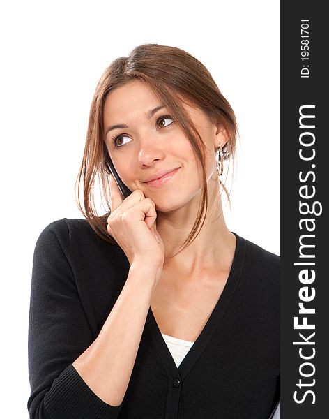 Business brunette woman talking on cellular mobile phone isolated on a white background. Business brunette woman talking on cellular mobile phone isolated on a white background