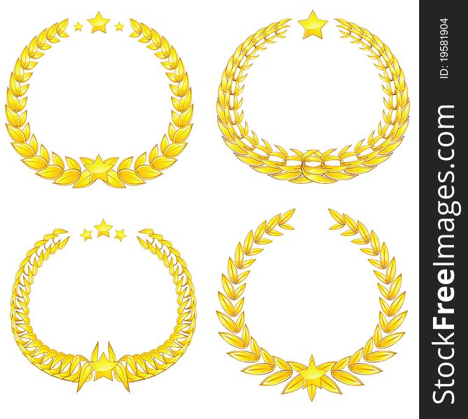 Set of four golden wreaths with stars isolated against white. Set of four golden wreaths with stars isolated against white