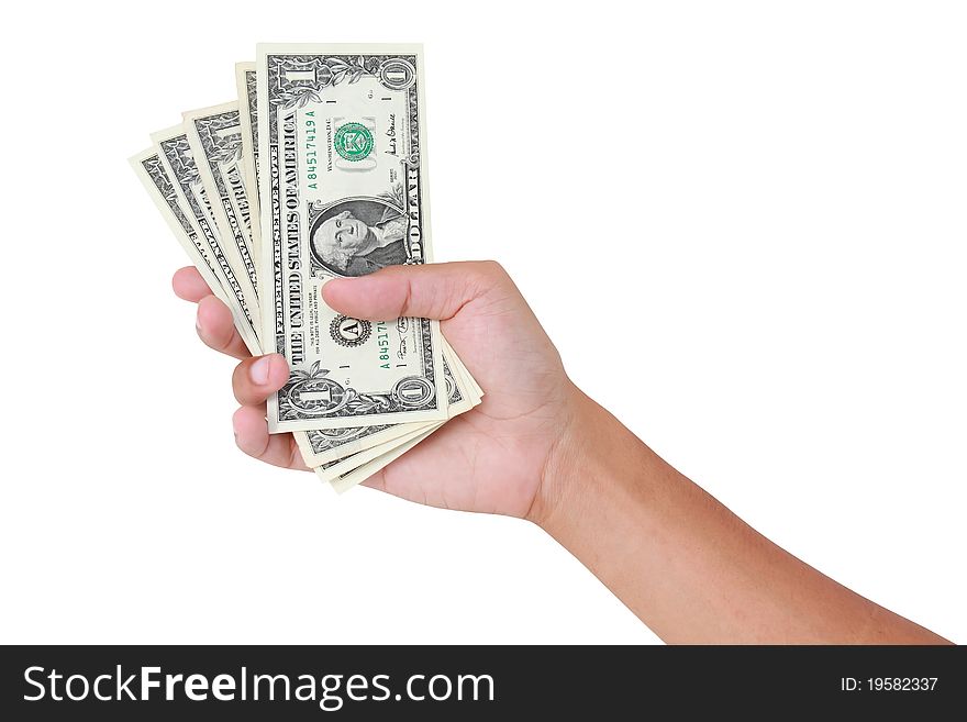 Hand with money isolated on white background. Hand with money isolated on white background