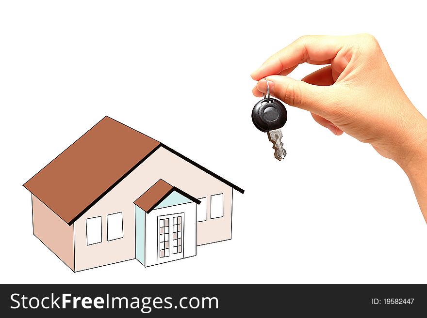 Businessman hand with keys and a little house isolated on white background. Businessman hand with keys and a little house isolated on white background