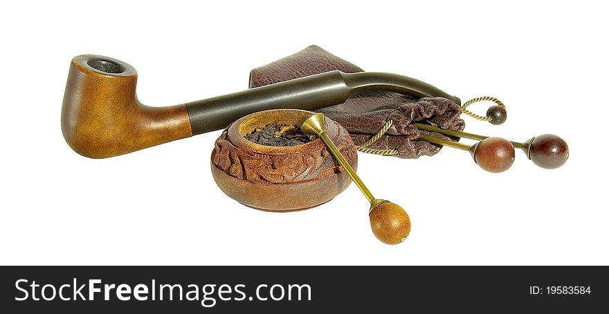 Tobacco pipe, snuffbox and tobacco accessory isolated on white.